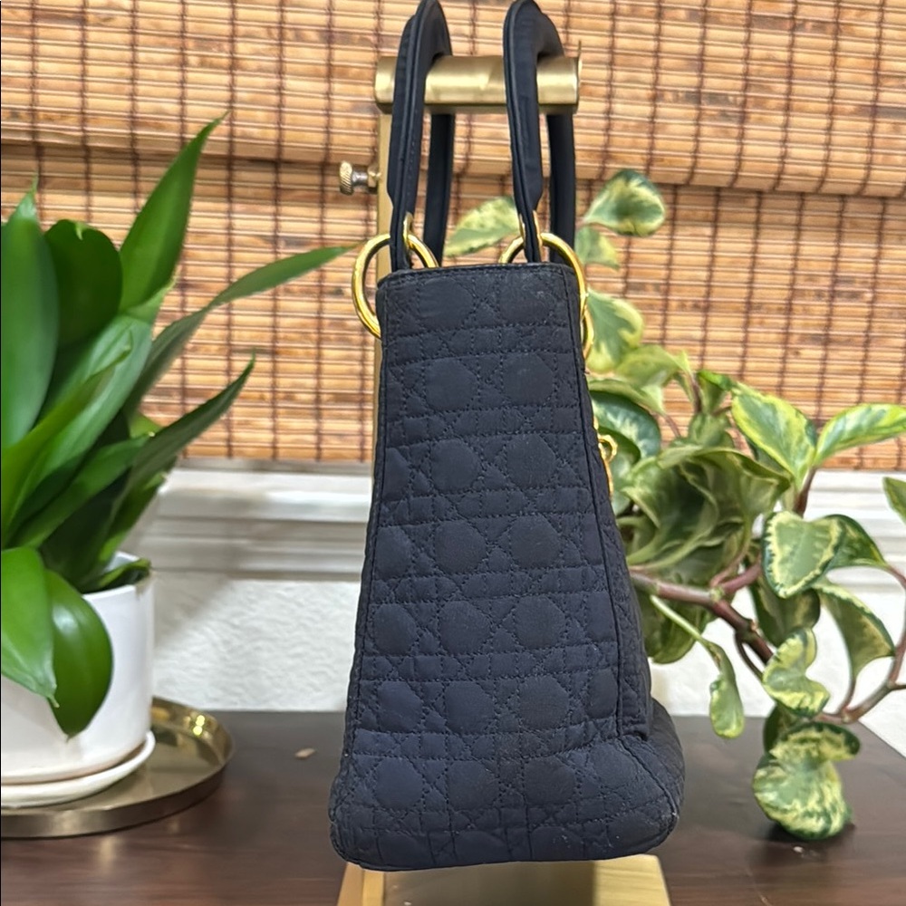 Dior ‘Lady Dior’ Navy Blue and Gold Hand Bag with Iconic Charm - Picture 9 of 10